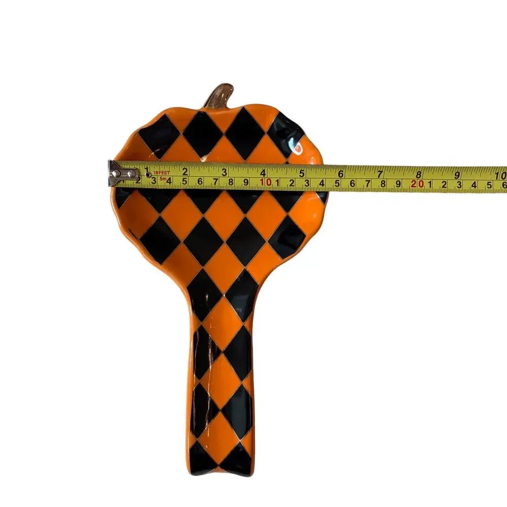 Black & Orange Harlequin Pumpkin Spoon Rest 10in Ceramic Checkered Halloween NEW